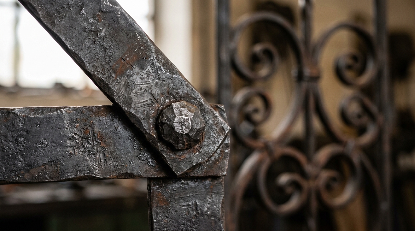Traditional hand-forged wrought iron gate with scrollwork and collars