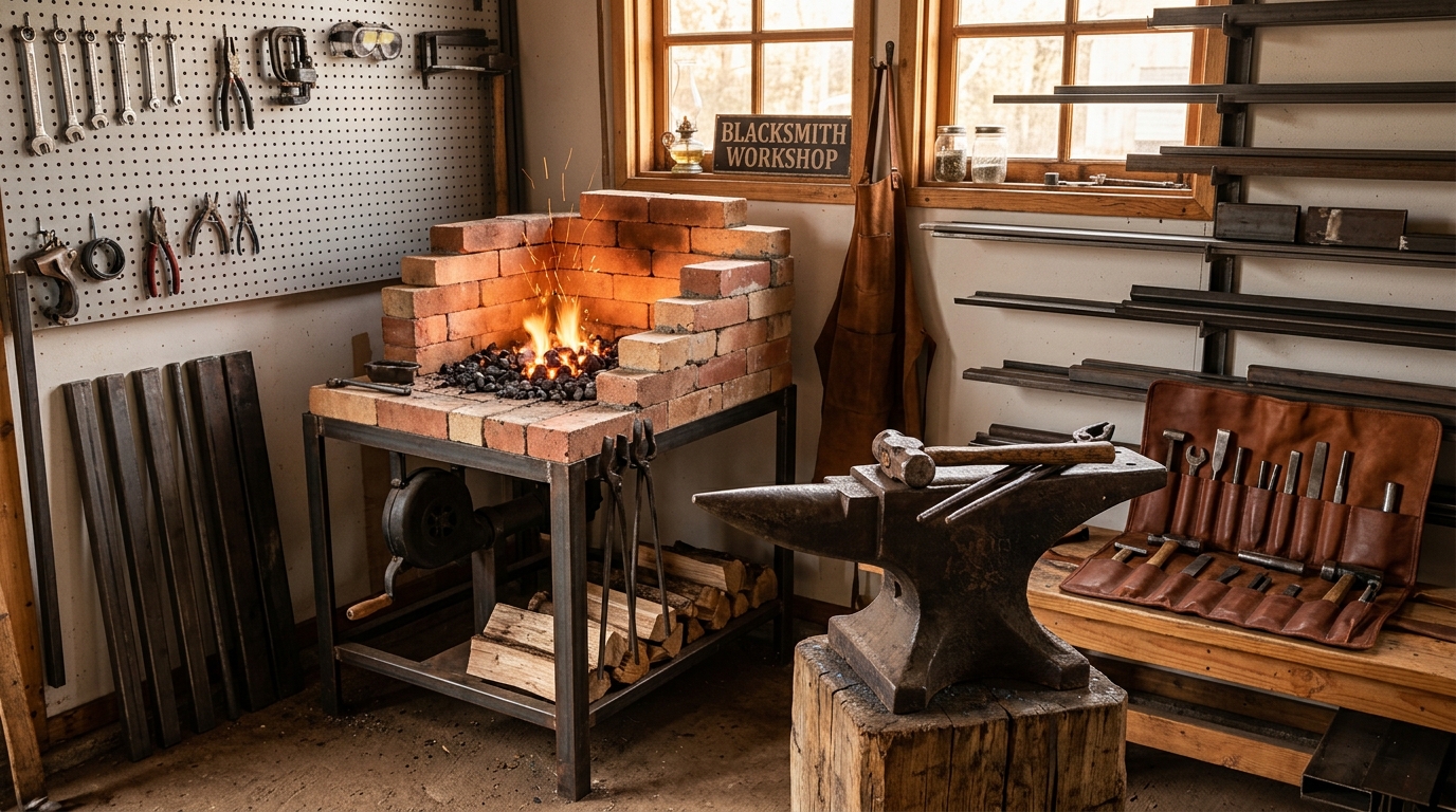 Blacksmith home forge setup and tooling bench