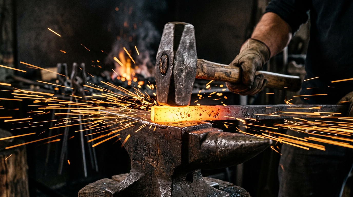 Blacksmith hammer striking incandescent metal on anvil