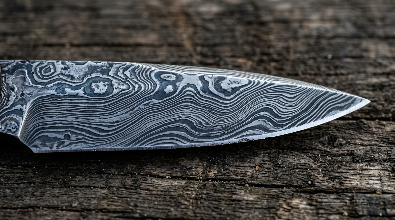 Damascus steel patterned knife blade with water ripples