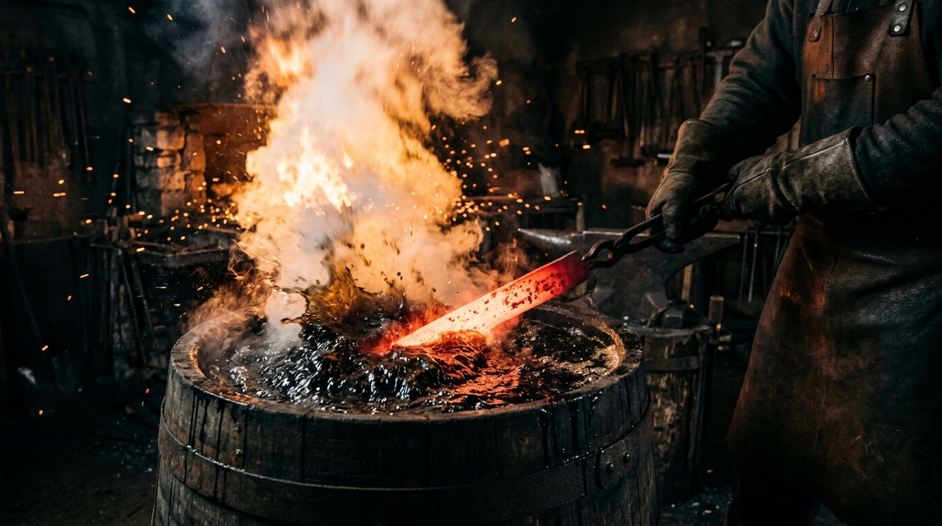 Red hot blade being quenched in engineered oil with vapor flames