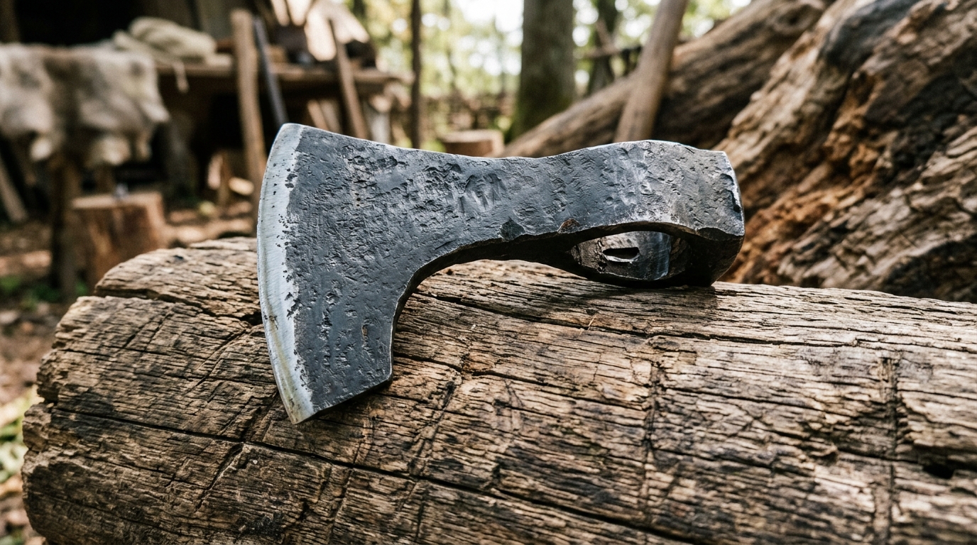 Forged medieval Viking bearded axe head on anvil